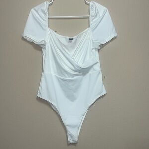 White Blouse Body Suit with Puff Sleeves and Criss Cross Front Size L